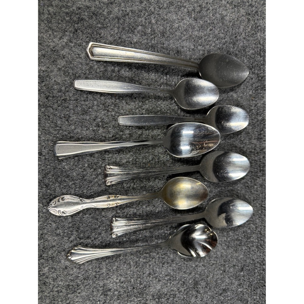 Mixed Lot of 8 Vintage Silver Tone Spoons Various Patterns Stainless Silverplate